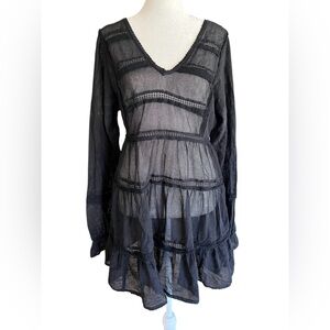 FREE PEOPLE Berlin Black Mesh Long-Sleeved Mini Dress Boho Lace Size S